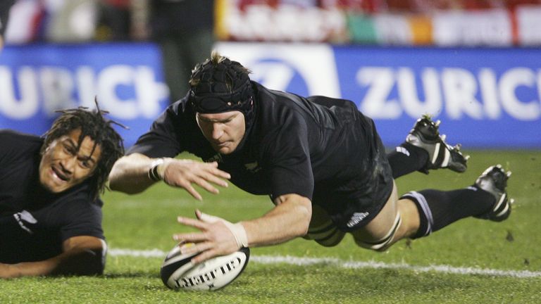  Ali Williams of the All Blacks dives on the loose ball to score a try during the third test in 2005