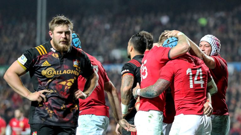 FMG Stadium Waikato, New Zealand 20/6/2017.Chiefs vs British & Irish Lions.Lions' Jack Nowell celebrates scoring their third try with teammates.