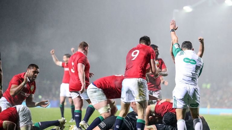 Rotorua International Stadium, Rotorua, New Zealand 17/6/2017.Maori All Blacks vs British & Irish Lions.Lions' Maro Itoje scores their second try.