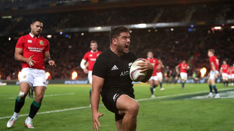 New Zealand's Codie Taylor celebrates scoring his side's first try during the first test of the 2017 British and Irish Lions tour at Eden Park, Auckland.