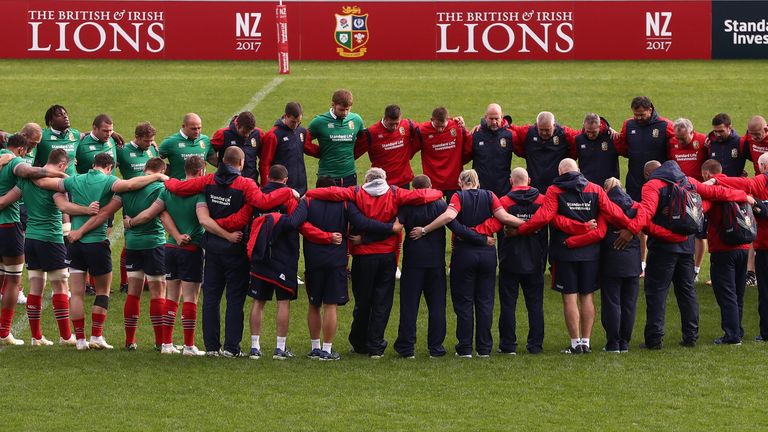 AUCKLAND, NEW ZEALAND - JUNE 06:  The Lions squad of players and officials line up for a minutes silence in honour of the London Bridge victums during the 