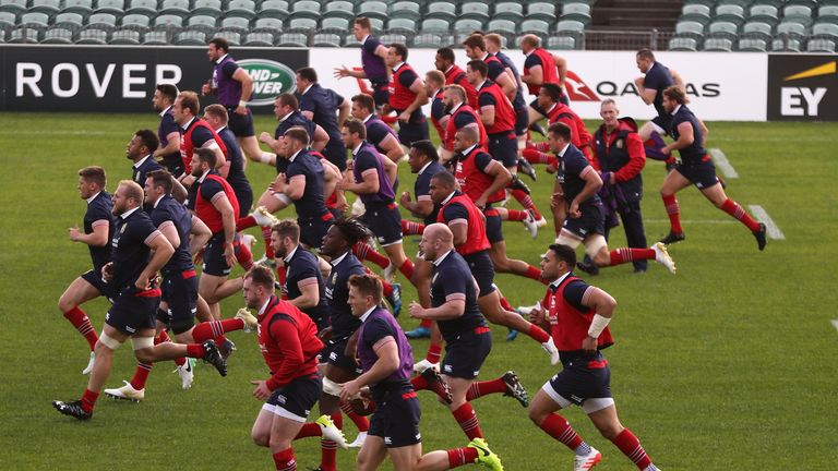 The Lions team warm up during the British & Irish Lions training session held at the QBE Stadium in Auckland
