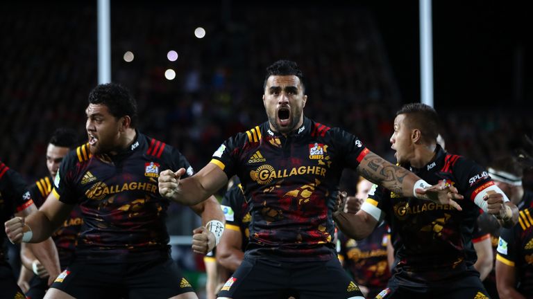 HAMILTON, NEW ZEALAND - JUNE 20:  Liam Messam (C) of the Chiefs and teammates perform the Haka prior to kickoff during the 2017 British & Irish Lions tour 