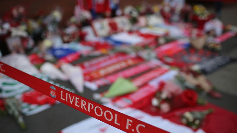 Fresh tributes adorn the Hillsborough Memorial outside Anfield Stadium, the home of Liverpool Football Club on April 26, 2016