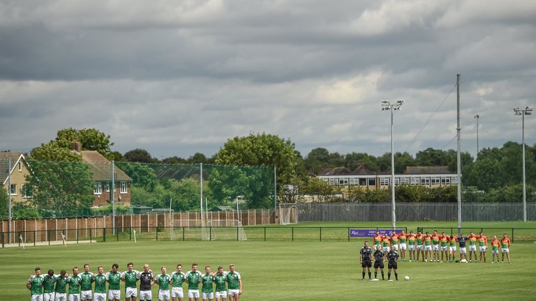 Players from both sides stand for the national anthem ahead of the GAA Football All-Ireland Senior Championship Round 1B match between London and Carlow 