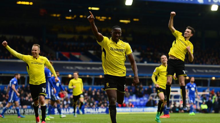 Lucas Akins of Burton Albion(C) celebrates his sides second goal during the Sky Bet Championship match