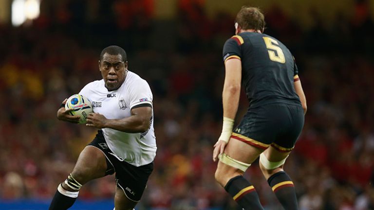 Manasa Saulo of Fiji runs at Alun Wyn Jones of Wales during the 2015 Rugby World Cup Pool A match at the Millennium Stadium on October 1.