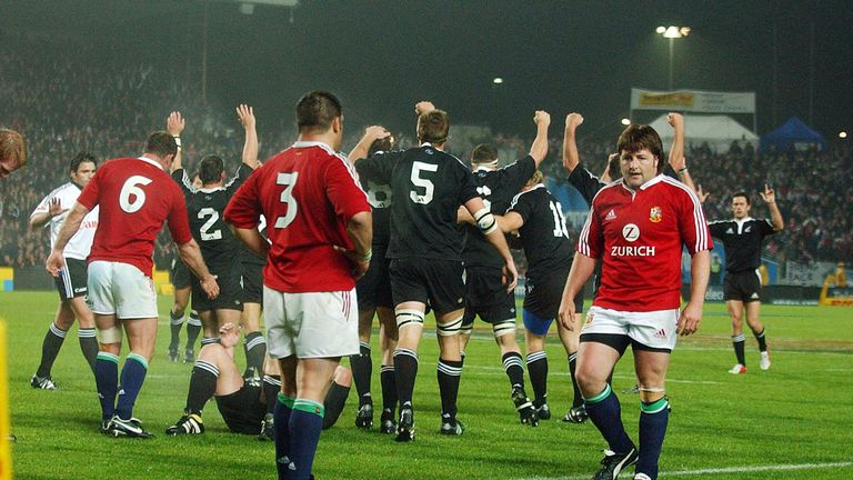 HAMILTON - JUNE 11 2005:  lionsRichard Hill (6), Julian White (3) and Shayne Byrne (right) show their dejection as the Maori team celebrate their win