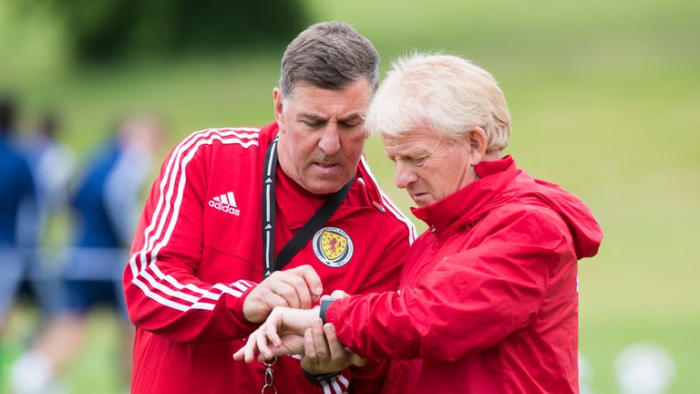 Scotland manager Gordon Strachan (right) checks his watch with assistant manager Mark McGhee