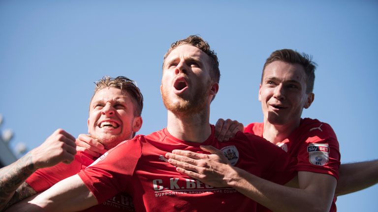 BLACKBURN, ENGLAND- APRIL 8:  Marley Watkins of Barnsley celebrates after scoring the second goal during the Sky Bet Championship match between Blackburn R