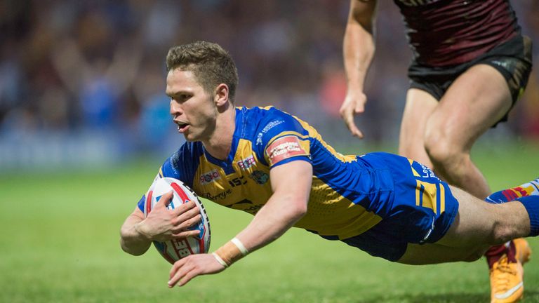 Leeds's Matt Parcell dives over to score another try against Warrington