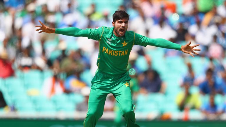 Mohammad Amir appeals successfully for the wicket of Rohit Sharma