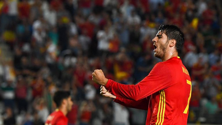 MURCIA, SPAIN - JUNE 07:  Alvaro Morata of Spain celebrates after scoring his team's second goal during a friendly match between Spain and Colombia at La N