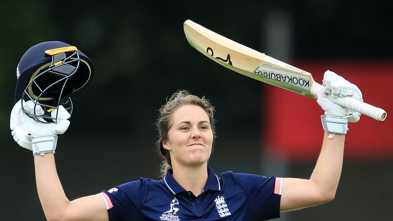 England's Natalie Sciver celebrates reaching 100 runs during the ICC Women's World Cup match against Pakistan