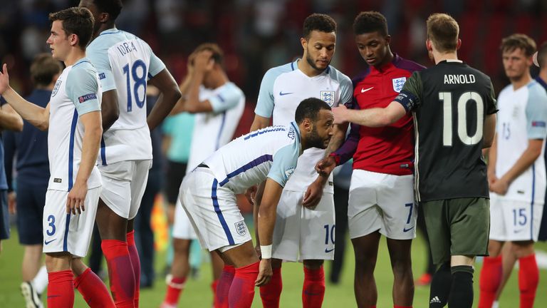 Nathan Redmond looks dejected after his penalty is saved, knocking England out of the UEFA European Under-21 Championship