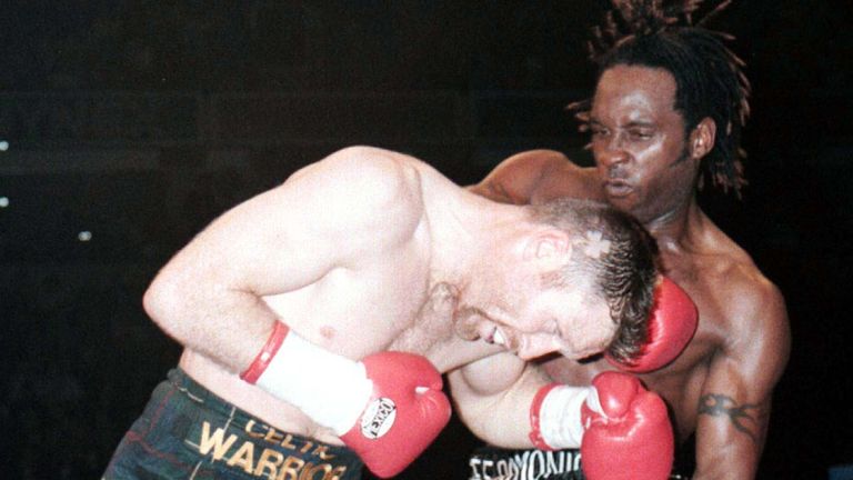 Nigel Benn and Steve Collins battle it out in the first round of their WBO Super Middleweight fight at the Nynex Arena in 1996
