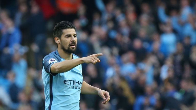 Manchester City's Spanish midfielder Nolito celebrates after scoring during the English Premier League football match between Manchester City and Everton a