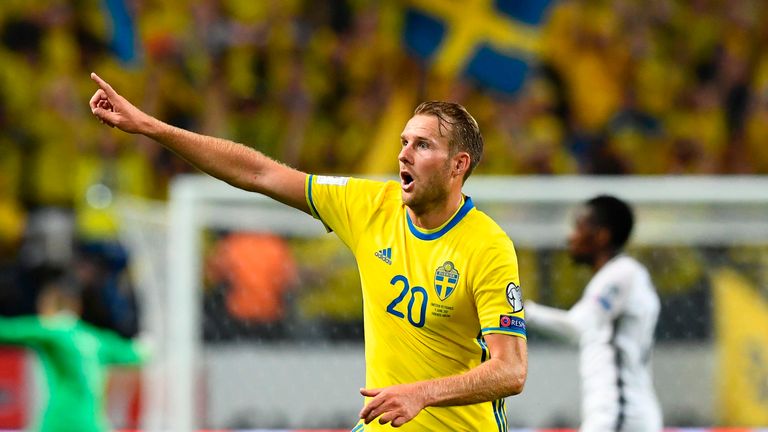 Sweden's forward Ola Toivonen celebrates after scoring against France