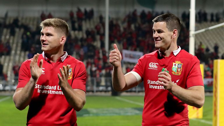 AMI Stadium, Christchurch, New Zealand 10/6/2017.Crusaders vs British & Irish Lions.Lions' Owen Farrell and Jonathan Sexton celebrate winning.