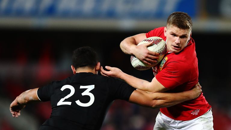 AUCKLAND, NEW ZEALAND - JUNE 24:  Owen Farrell of the Lions charges forward during the Test match between the New Zealand All Blacks and the British & Iris