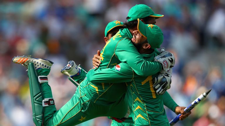 Sarfraz Ahmed of Pakistan celebrates taking the final wicket catch as Pakistan win the ICC Champions Trophy