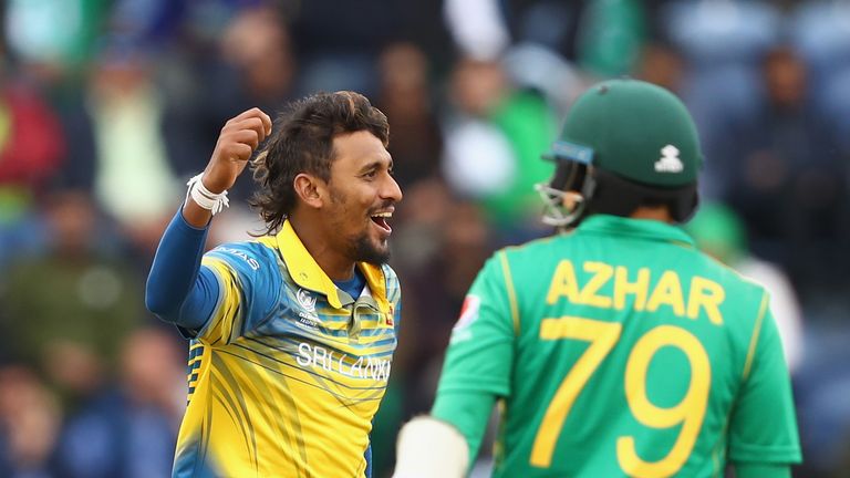 CARDIFF, WALES - JUNE 12:  Suranga Lakmal of Sri Lanka celebrates taking the wicket of Azhar Ali of Pakistan during the ICC Champions Trophy match between 