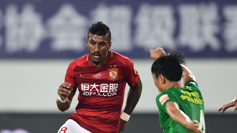 Paulinho in action for Guangzhou Evergrande during the Chinese Super League match against Beijing Guoan