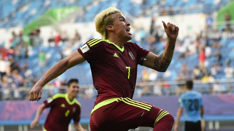 Venezuela's forward Adalberto Penaranda Maestre celebrates a goal during the U-20 World Cup semi-final football match between Uruguay and Venezuela in Daej