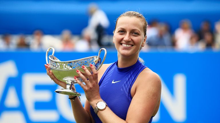 BIRMINGHAM, ENGLAND - JUNE 25:  Petra Kvitova of the Czech Republic poses with the trophy after the Women's Singles final match against Ashleigh Barty on d