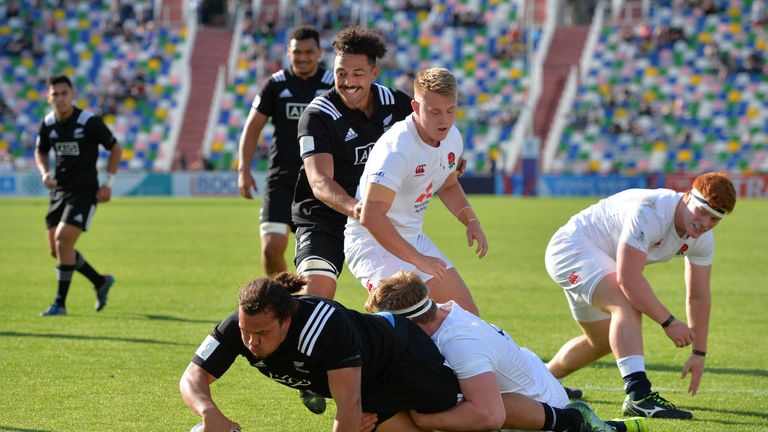 TBILISI, GEORGIA - JUNE 18: Pouri Rakete-Stones of New Zealand dives for the line to score the second try of the game during the World Rugby U20 Championsh