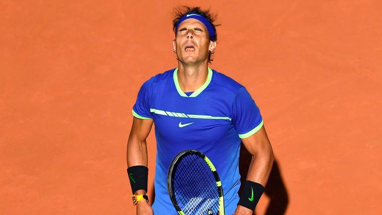 Spain's Rafael Nadal reacts after a point against Austria's Dominic Thiem during their semifinal tennis match at the Roland Garros 2017 French Open on June