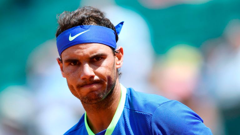Spain's Rafael Nadal looks on as he plays against Georgia's Nikoloz Basilashvili during their tennis match at the Roland Garros 2017 French Open on June 2,