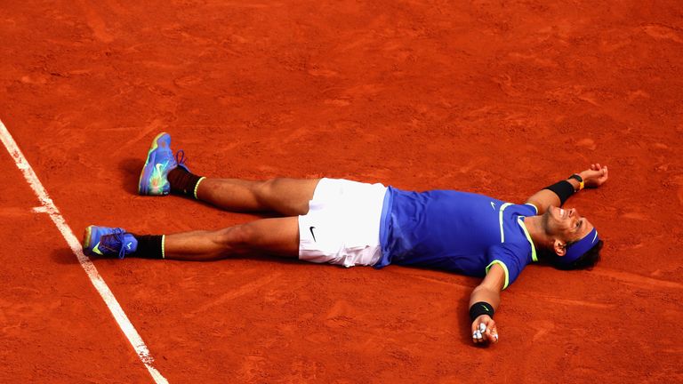 PARIS, FRANCE - JUNE 11: Rafael Nadal of Spain celebrates victory following the mens singles final against Stan Wawrinka of Switzerland on day fifteen of t