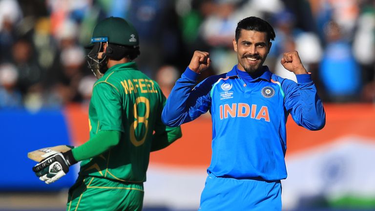 India's Ravindra Jadeja celebrates the wicket of Pakistan's Mohammad Hafeez during the ICC Champions Trophy, Group B match at Edgbaston, Birmingham