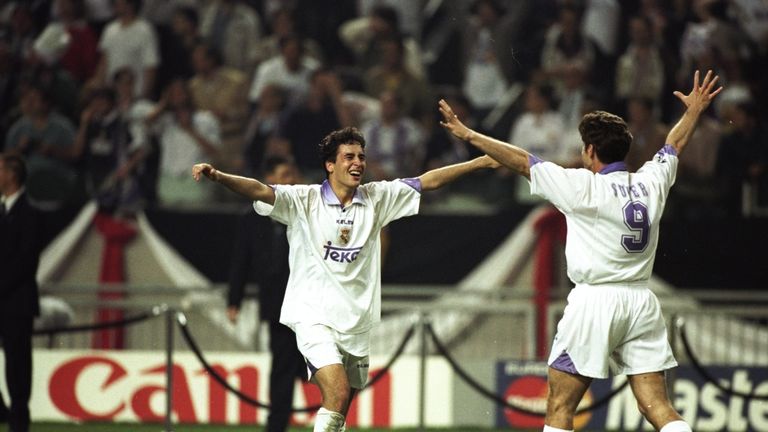 Raul and Davor Suker of Real Madrid celebrate after the Champions League final against Juventus at the Amsterdam Arena in Holland