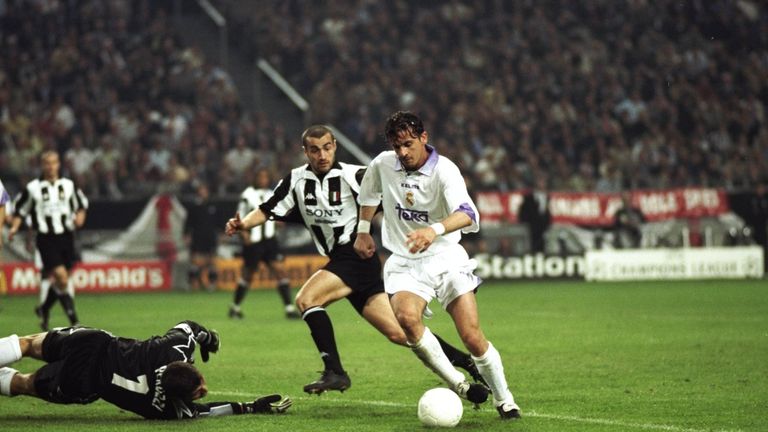 20 May 1998:  Predrag Mijatovic of Real Madrid scores the winning goal during the Champions League final against Juventus at the Amsterdam Arena in Holland