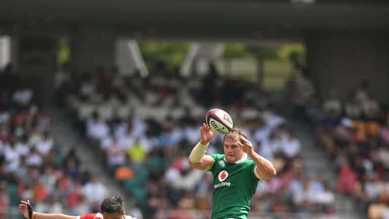 FUKUROI, JAPAN - JUNE 17:  Rhys Ruddock of Ireland reaches for the lineout ball during the international rugby friendly match between Japan and Ireland 