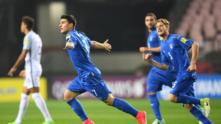 Italy's midfielder Riccardo Orsolini celebrates his goal during the U-20 World Cup semi-final football match between England and Italy in Jeonju on June 8,