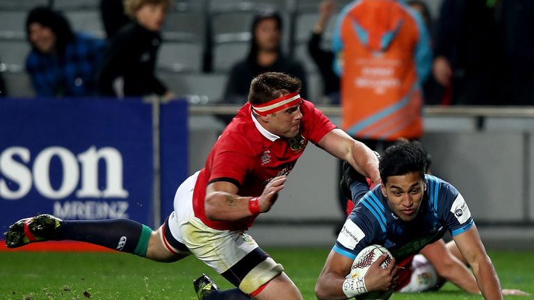 Rieko Ioane of the Blues scores a try during the match between the Auckland Blues and the British & Irish Lions 