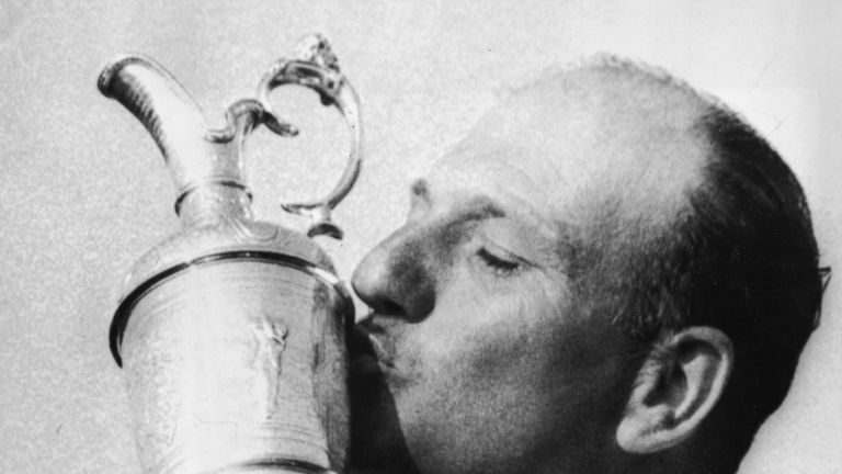 Roberto DeVicenzo kisses the Claret Jug after winning the 1967 Open Championship at the Royal Liverpool Golf Club, Hoylake,