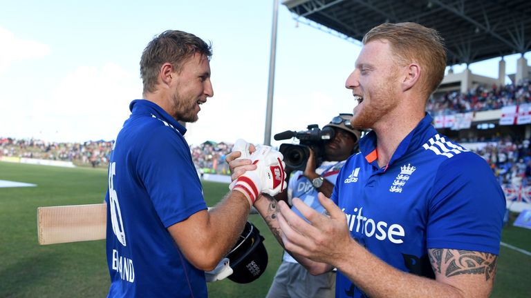 ST JOHN'S, ANTIGUA AND BARBUDA - MARCH 05:  Joe Root of England is congratuted by Ben Stokes after winning the 2nd One Day International match between the 