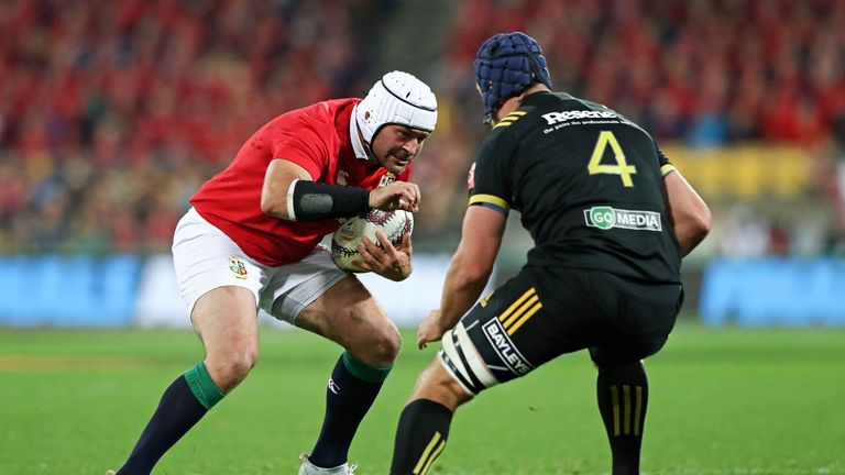 Rory Best is confronted by Mark Abbott of the Hurricanes during the 2017 British & Irish Lions tour match 