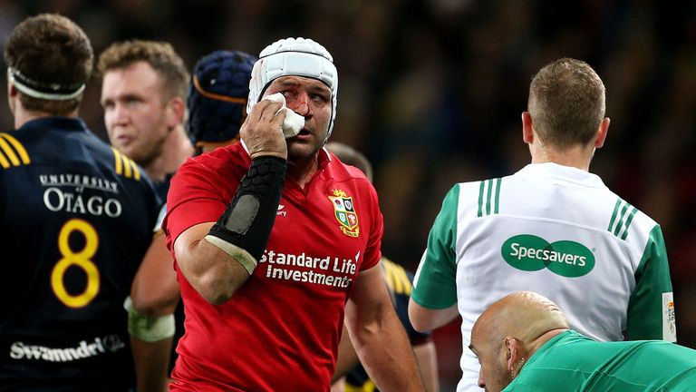 Rory Best of the Lions receives treatment during Tuesday's narrow defeat