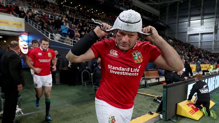 Lions' Rory Best takes to the pitch.