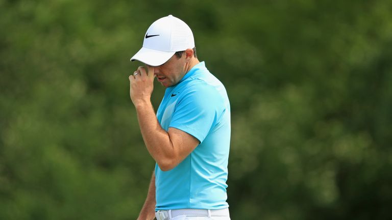 Rory McIlroy of Northern Ireland reacts after his putt on the 15th green during the second round of the 2017 U.S. Open at Erin Hills