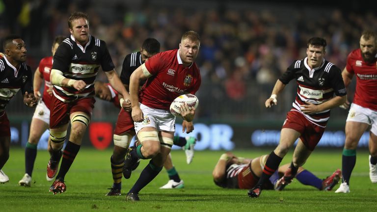 Ross Moriarty of the Lions charges up-field during the match against the New Zealand Provincial Barbarians 