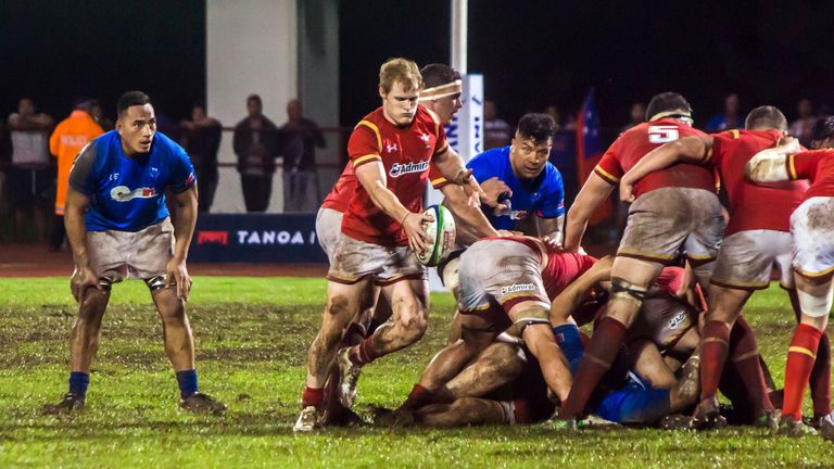 Aled Davies clears his lines against Samoa