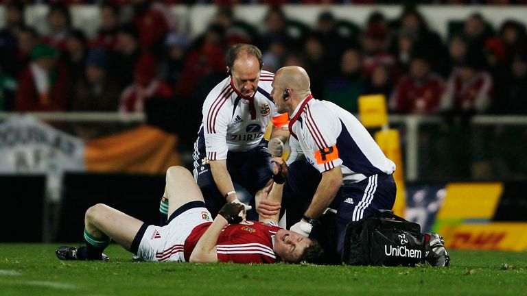 Lions captain Brian O'Driscoll lies injured during the first Test match against New Zealand in 2005