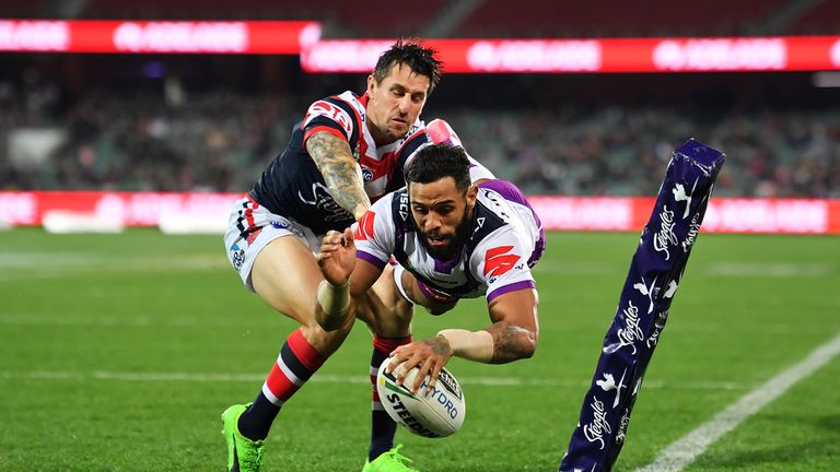 Josh Addo-Carr scores a try against Sydney Roosters at Adelaide Oval