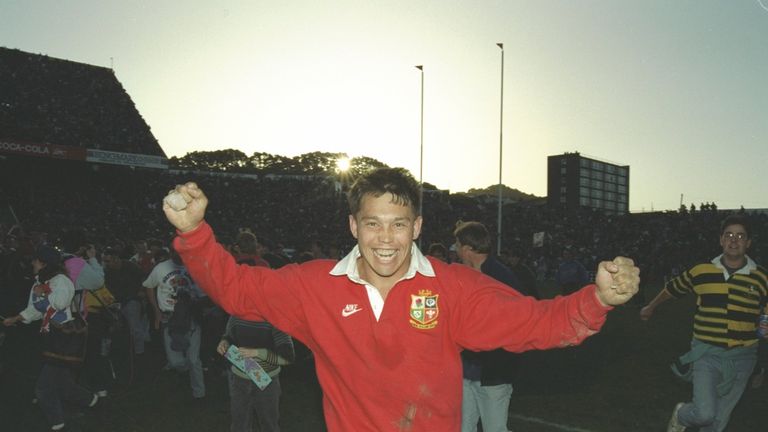 Rory Underwood celebrates after the Lions' win over New Zealand in the second Test of the 1993 series